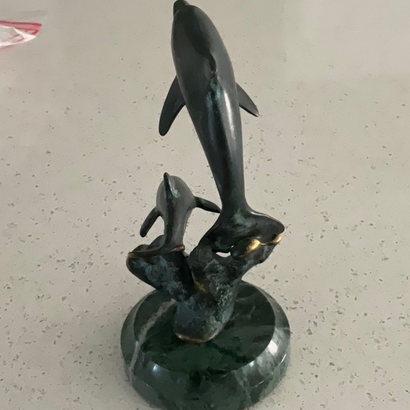 Brass & Onyx Double Dolphin Sea Art Sculpture - Picture 4 of 9
